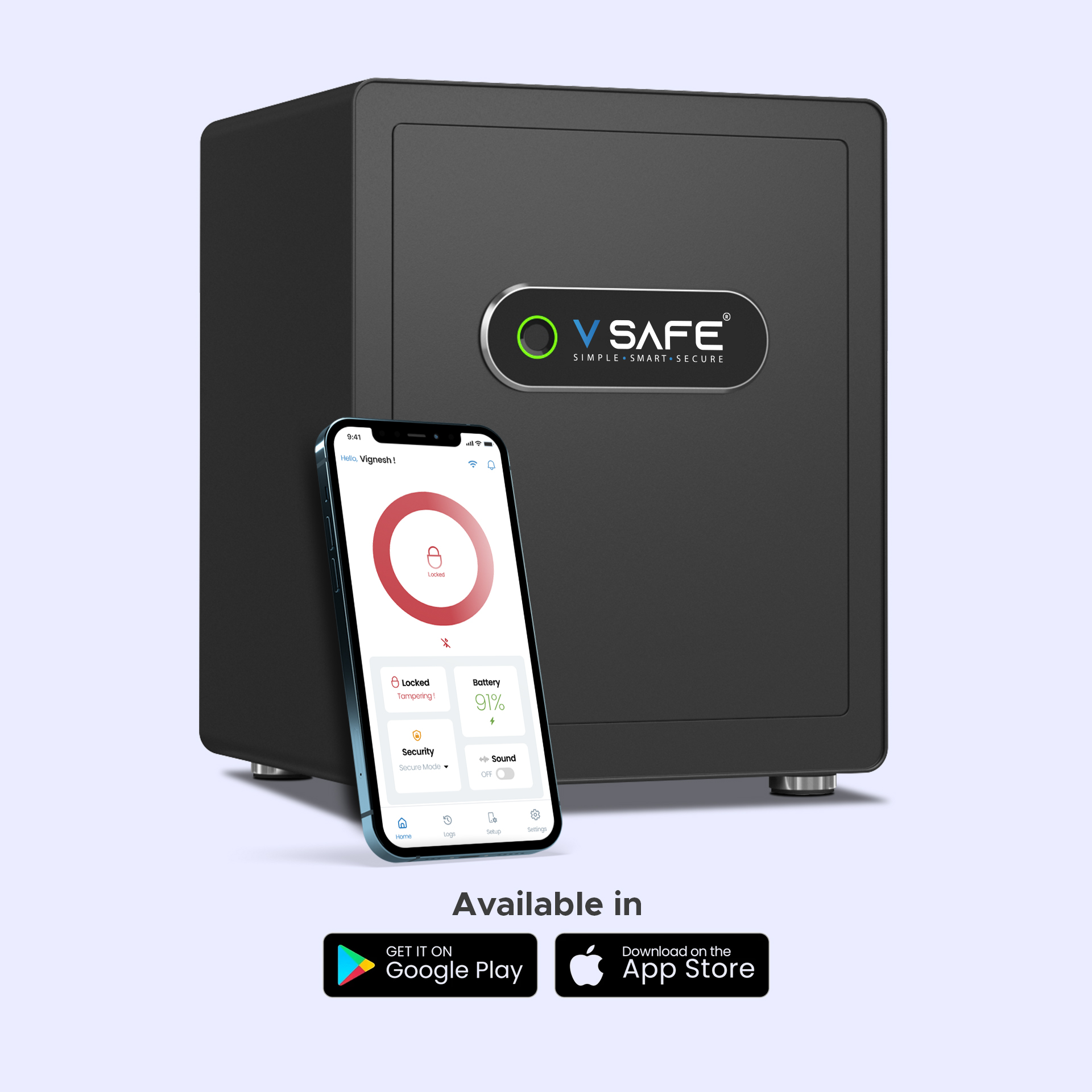 V SAFE Pro app showing access logs and battery health monitoring