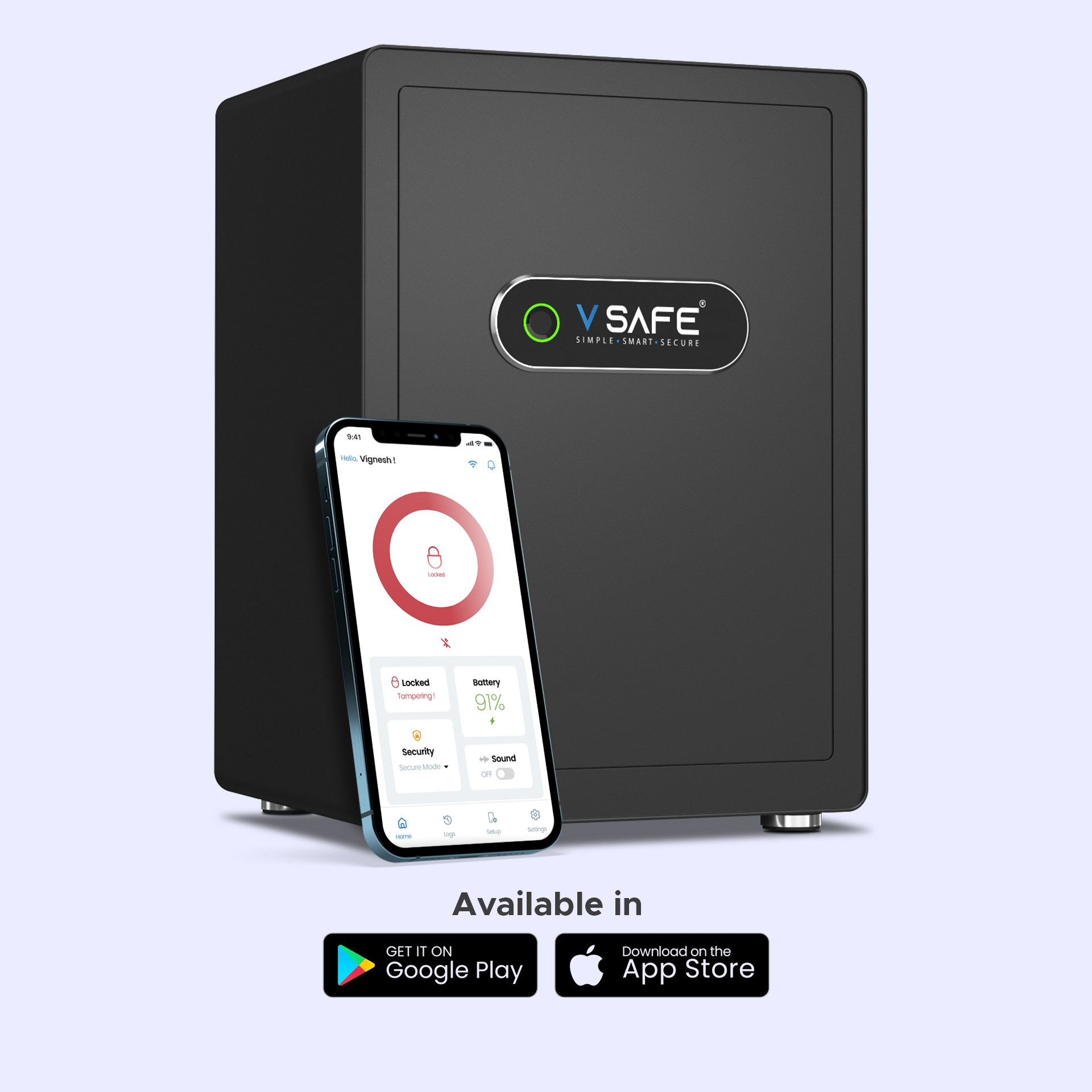 V SAFE Pro Max app showing access logs and battery health monitoring